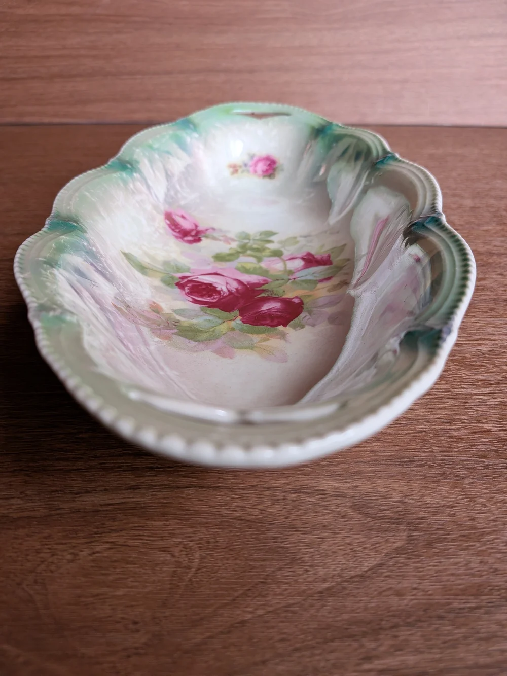 Vintage German Porcelain Rose Serving Bowl Iridescent Lustre Oval Dish Floral Ha